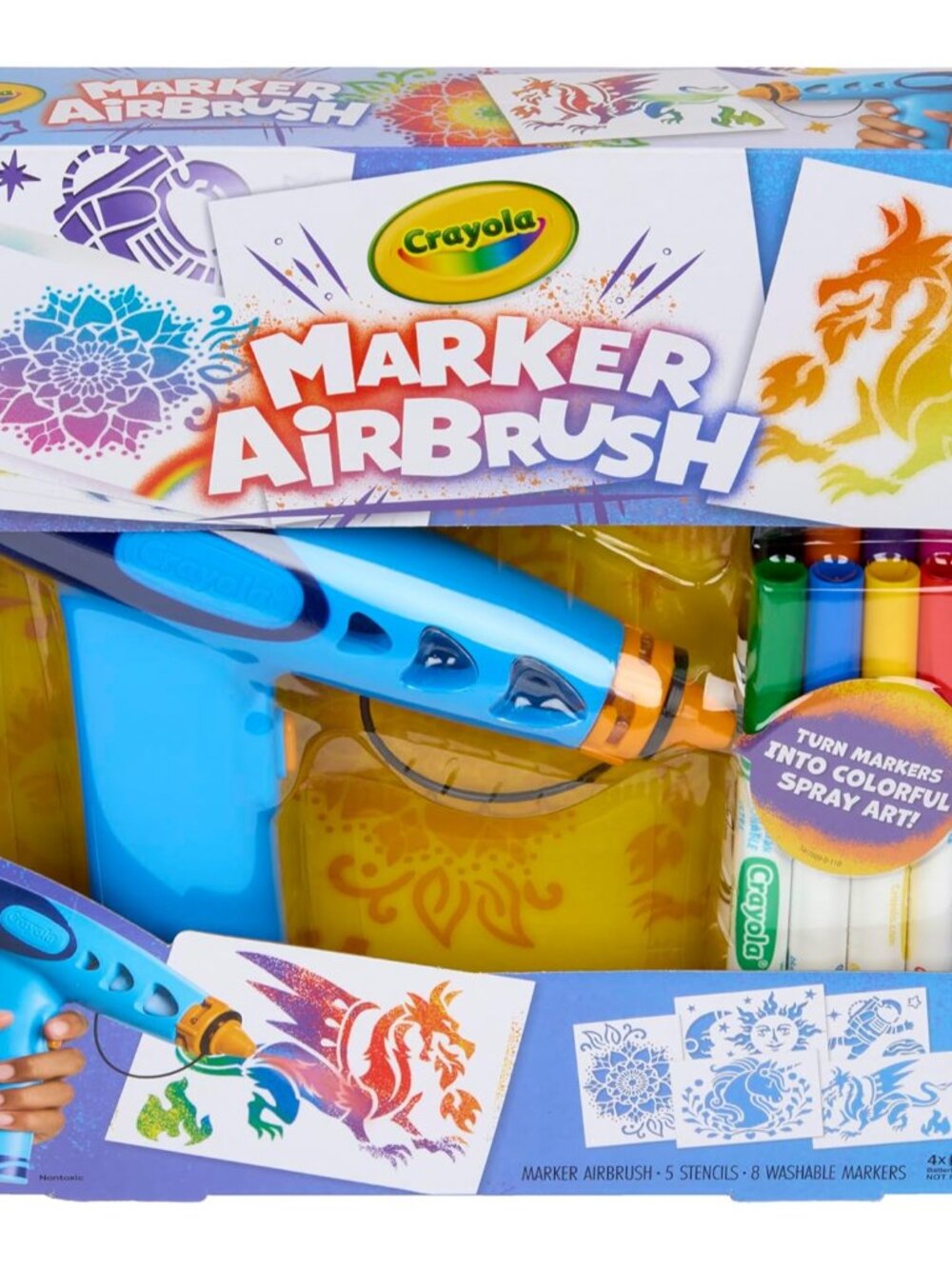 Marker Airbrush Spray Art Kit, 8 Washable Markers, 5 Stencils